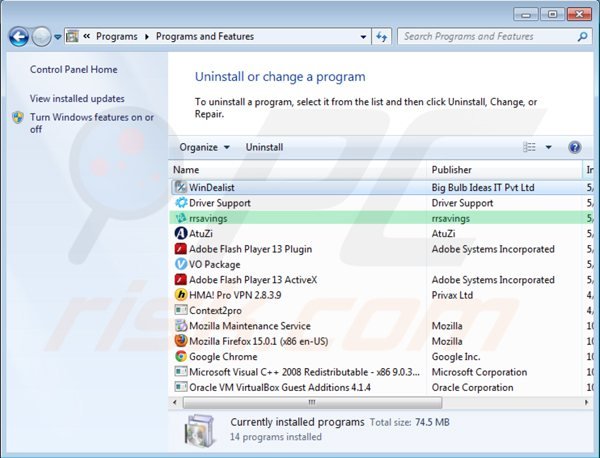 Deinstalacja rrsavings poprzez Panel sterowania