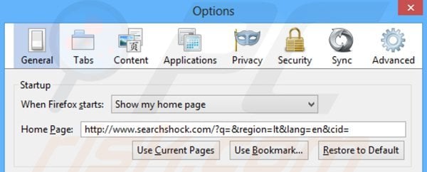 Usuwanie searchshock.com ze strony domowej Mozilla Firefox