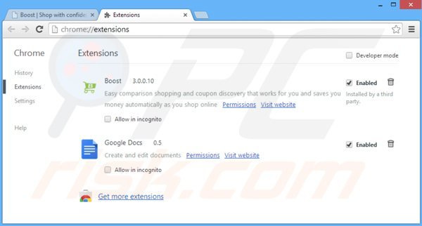 Usuwanie shop with boost z Google Chrome krok 2