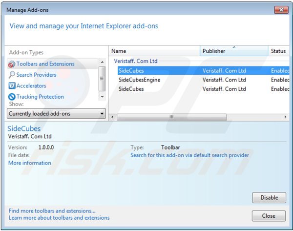 Usuwanie powiązanych rozszerzeń search.sidecubes.com z Internet Explorer