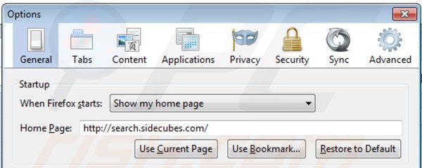 Usuwanie search.sidecubes.com ze strony domowej Mozilla Firefox