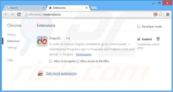 Usuwanie snapdo.com z powiązanych rozszerzeń Google Chrome