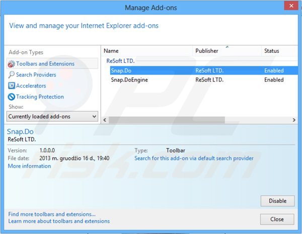 Usuwanie snapdo.com z powiązanych rozszerzeń Internet Explorer
