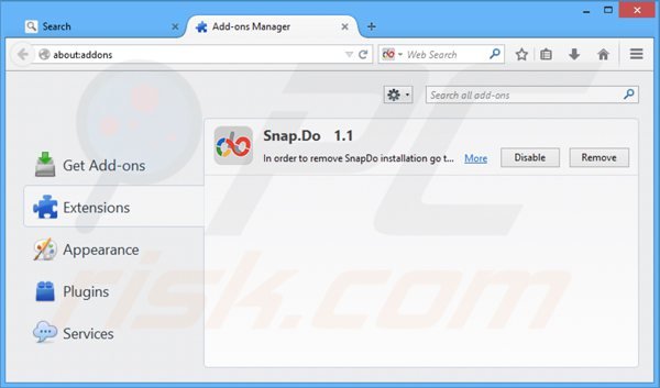 Usuwanie snapdo.com z powiązanych rozszerzeń Mozilla Firefox