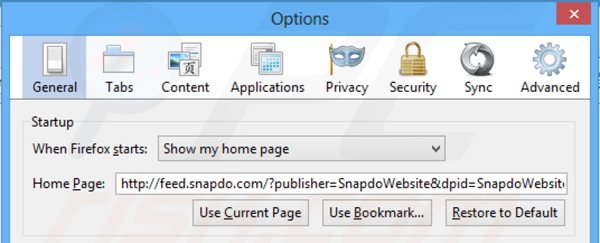 Usuwanie feed.snapdo.com ze strony domowej Mozilla Firefox