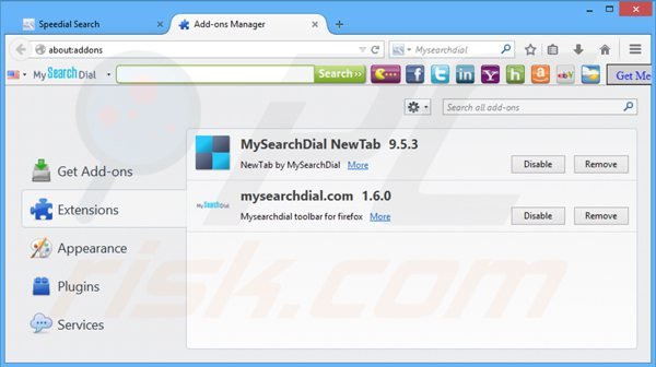 Usuwanie speedial.com z powiązanych rozszerzeń Mozilla Firefox