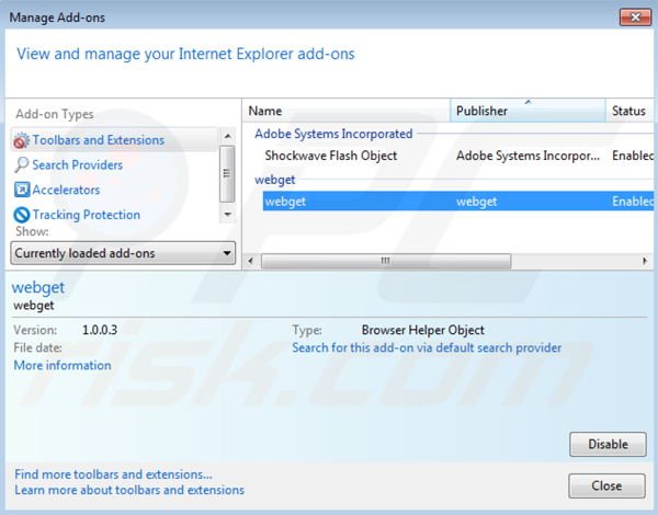 Usuwanie webget z Internet Explorer krok 2