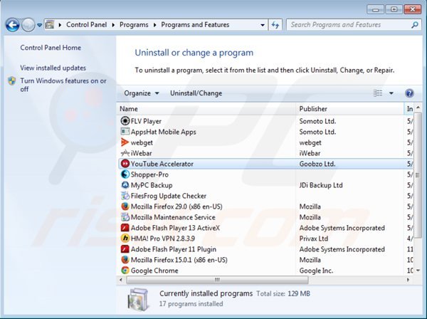 youtube accelerator uninstall using Control Panel
