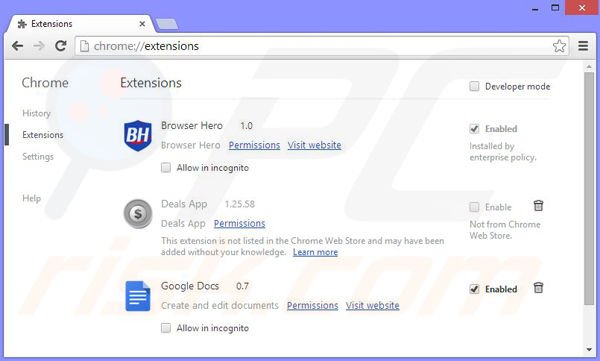 Removing Browser Hero ads from Google Chrome step 2
