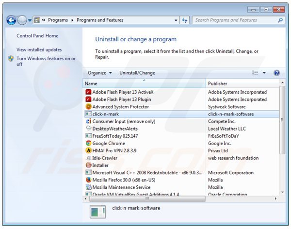 Deinstalacja clicknmark poprzez Panel sterowania