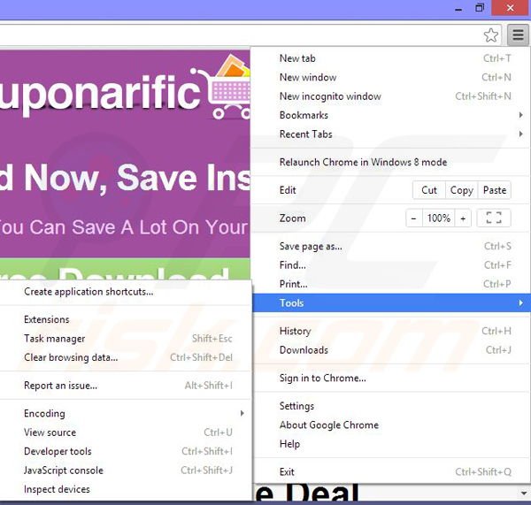 Usuwanie reklam Couponarific z Google Chrome krok 1