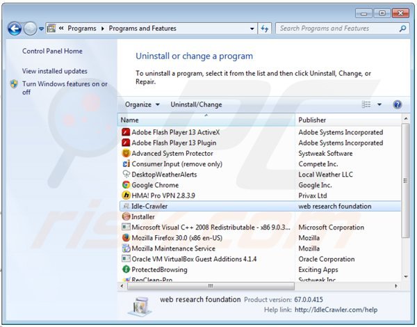 Deinstalacja adware idlecrawler poprzez Panel sterowania