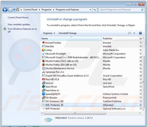 Deinstalacja adware wifi protector poprzez Panel sterowania