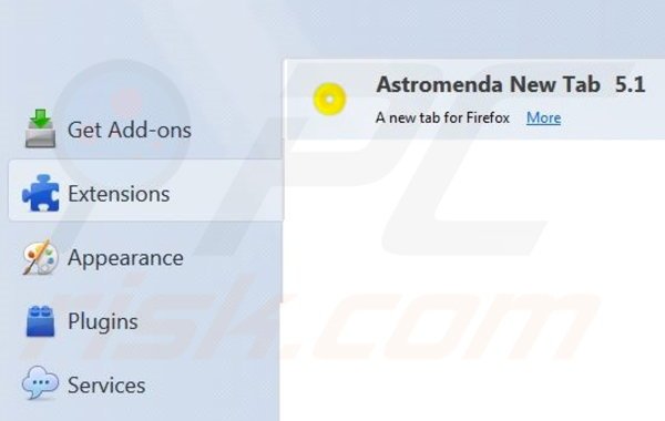 Usuwanie porywacza przeglądarki Astromenda z Mozilla Firefox krok 1