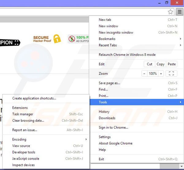 Usuwanie reklam BrowserChampion z Google Chrome krok 1