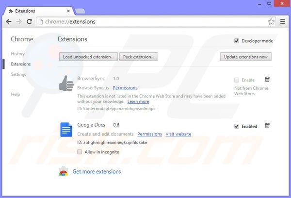 Usuwanie reklam BrowserSync z Google Chrome krok 2