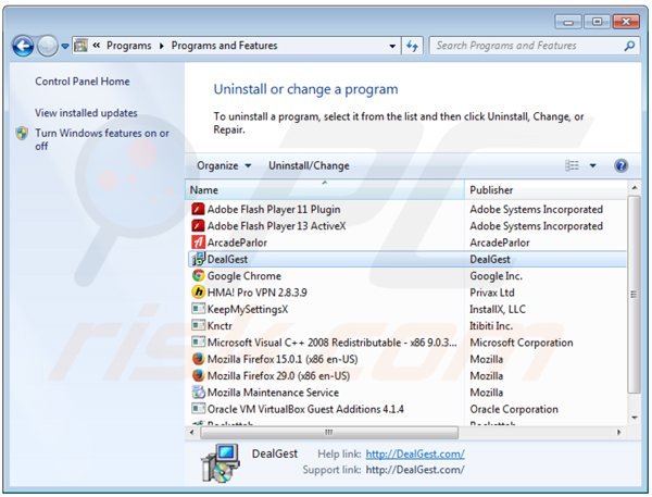 Deinstalacja adware dealgest poprzez Panel sterowania
