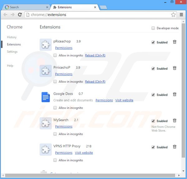 Usuwanie websearch.flyandsearch.info z powiązanych rozszerzeń Google Chrome