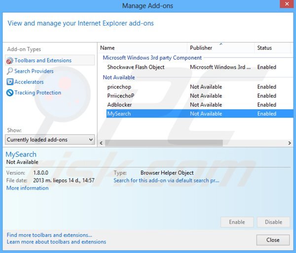 Usuwanie websearch.flyandsearch.info z powiązanych rozszerzeń Internet Explorer