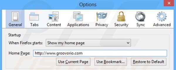 Usuwanie groovorio.com ze strony domowej Mozilla Firefox