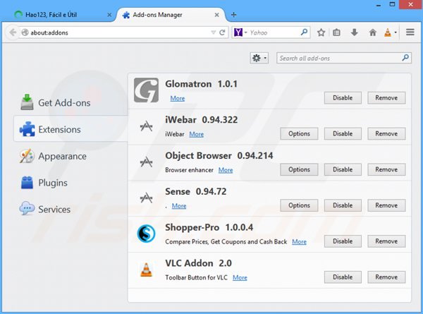 Usuwanie hao123.com z powiązanych rozszerzeń Mozilla Firefox