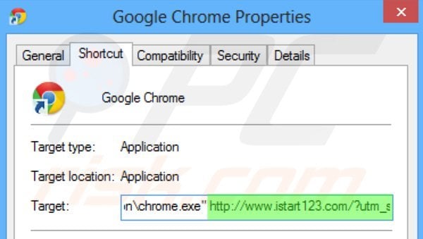 Usuwanie istart123.com ze skrótu docelowego Google Chrome krok 2