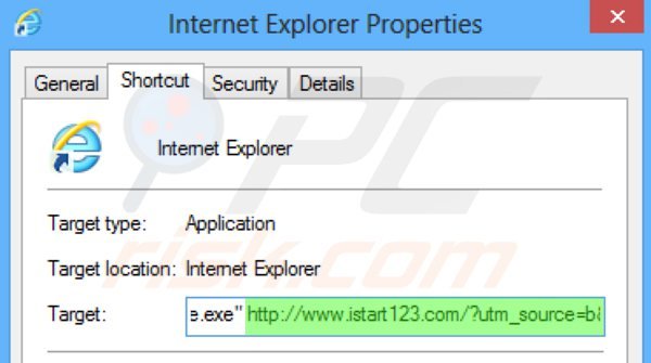 Usuwanie istart123.com ze skrótu docelowego Internet Explorer krok 2