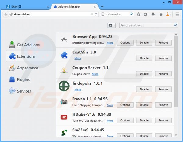 Usuwanie istart123.com z powiązanych rozszerzeń Mozilla Firefox