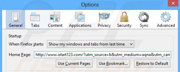 Usuwanie istart123.com ze strony domowej Mozilla Firefox