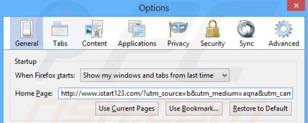 Usuwanie istart123.com ze strony domowej Mozilla Firefox