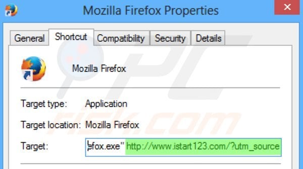 Usuwanie istart123.com ze skrótu docelowego Mozilla Firefox krok 2