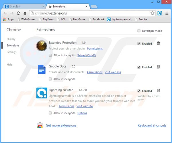 Usuwanie istartsurf.com z powiązanych rozszerzeń Google Chrome