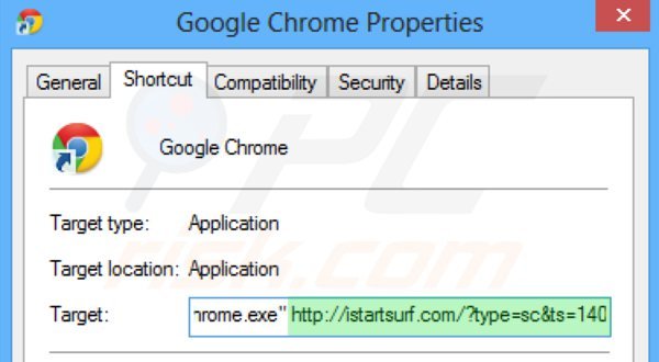 Usuwanie istartsurf.com ze skrótu docelowego Google Chrome krok 2