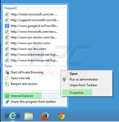 Usuwanie istartsurf.com ze skrótu docelowego Internet Explorer krok 1