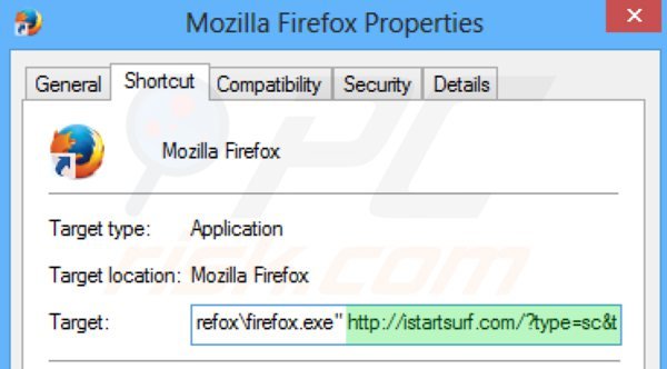 Usuwanie istartsurf.com ze skrótu docelowego Mozilla Firefox krok 2
