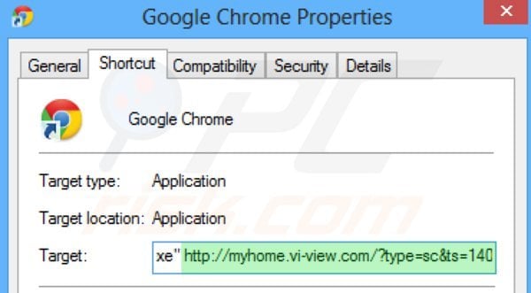 Usuwanie myhome.vi-view.com ze skrótu docelowego Google Chrome krok 2