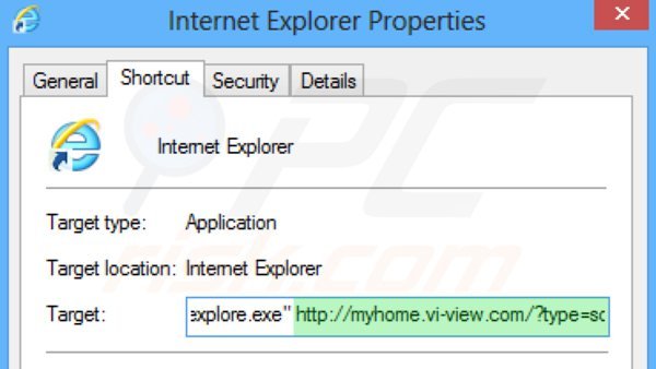 Usuwanie myhome.vi-view.com ze skrótu docelowego Internet Explorer krok 2
