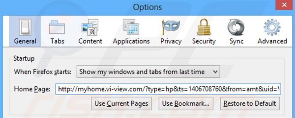 Usuwanie myhome.vi-view.com ze strony domowej Mozilla Firefox