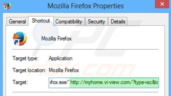 Usuwanie myhome.vi-view.com ze skrótu docelowego Mozilla Firefox krok 2