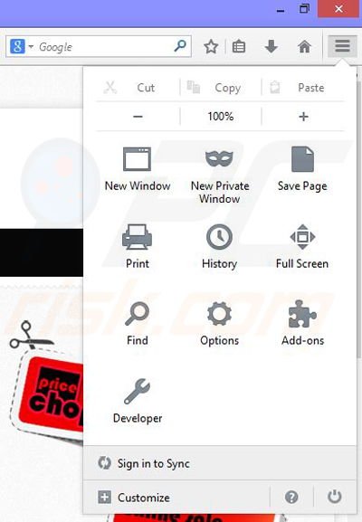 Usuwanie reklam PriceChop z Mozilla Firefox krok 1