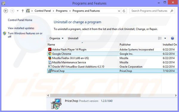 Deinstalacja adware PriceChop poprzez Panel sterowania