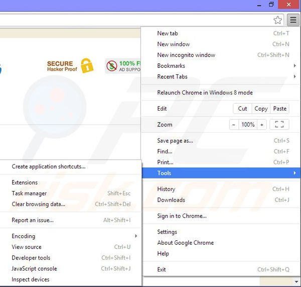 Usuwanie reklam SafetySearch z Google Chrome krok 1