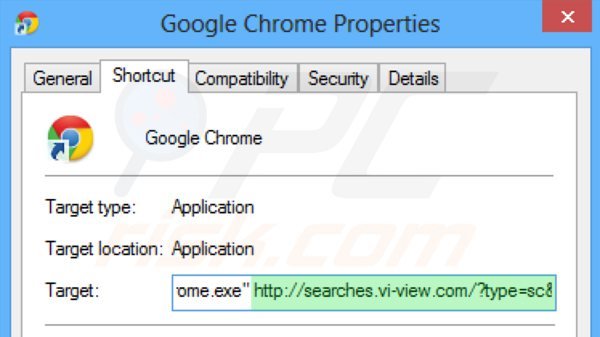 Usuwanie searches.vi-view.com ze skrótu docelowego Google Chrome krok 2