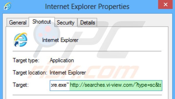 Usuwanie searches.vi-view.com ze skrótu docelowego Internet Explorer krok 2