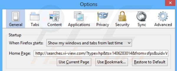 Usuwanie searches.vi-view.com ze strony domowej Mozilla Firefox