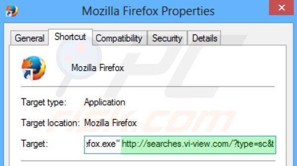 Usuwanie searches.vi-view.com ze skrótu docelowego Mozilla Firefox krok 2