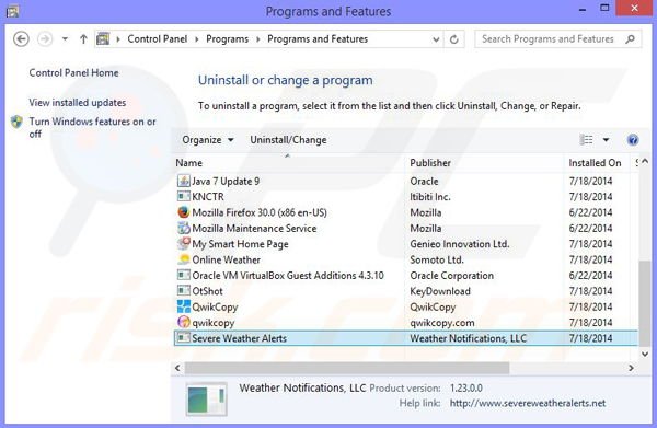 Deinstalacja adware Severe Weather Alerts poprzez Panel sterowania