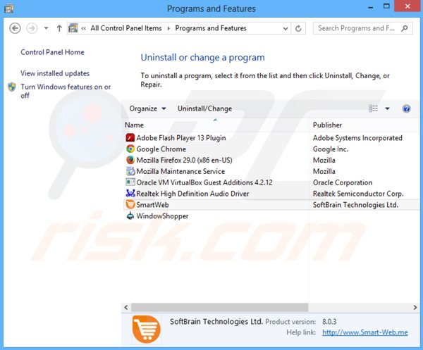 Deinstalacja adware smartweb poprzez Panel sterowania