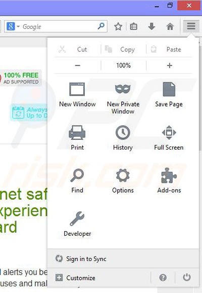 Usuwanie reklam Surfing Safeguard z Mozilla Firefox krok 1