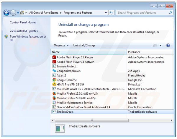 Deinstalacja adware TheBestDeals poprzez Panel sterowania